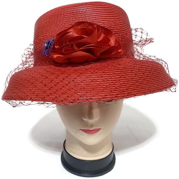 August Women's Dress Hat Red With Mesh Bow and Purple Pin - Picture 1 of 10